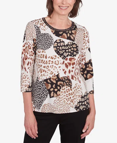Alfred Dunner Women's Romancing The Stone Animal Print Hearts Top In Neutral Multi