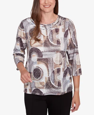Alfred Dunner Petite Geometric Patch Print Top In Neutral Multi
