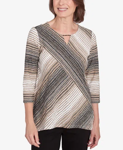 Alfred Dunner Women's Romancing The Stone Neutral Spliced Textured Stripe Top In Neutral Multi
