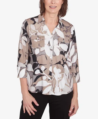 Alfred Dunner Petite Shadow Leaf Print Button Front Top In Neutral Multi