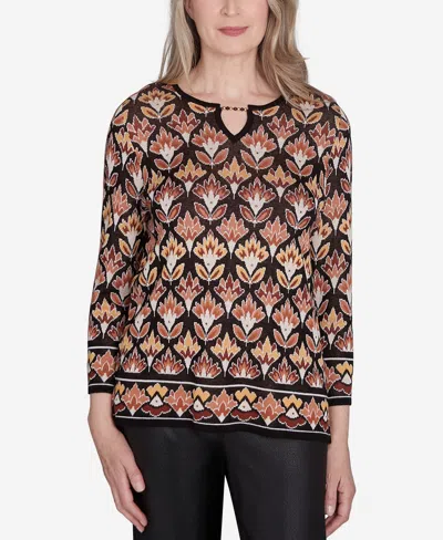 Alfred Dunner Plus Size Rue Rivoli Medallion Beaded Split Neck Sweater In Neutral Multi