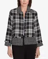 Alfred Dunner Petite Runway Ready Spliced Plaid Boucle Jacket In Black,white Metallic