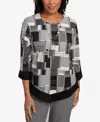 Alfred Dunner Petite Santa Barbara Patchwork Solid Black Trim Top In Multi