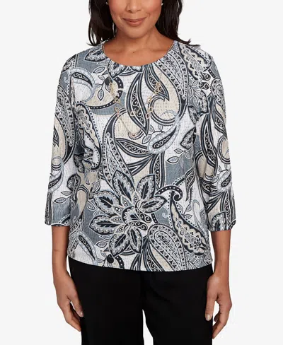 Alfred Dunner Women's Santa Barbara Reversible Paisley Crew Neck Top With Necklace