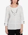 Alfred Dunner Petite Santa Barbara Splice Textured Stripe Crew Neck Top With Necklace In Multi