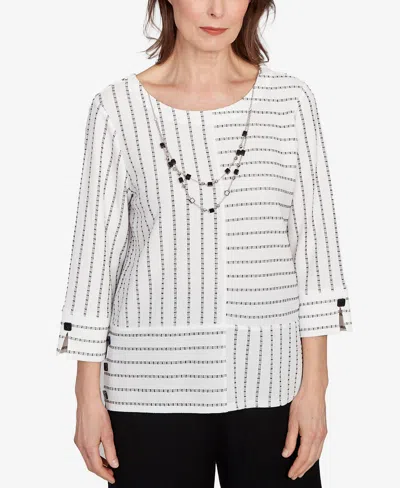 Alfred Dunner Women's Santa Barbara Splice Textured Stripe Top With Necklace