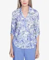 Alfred Dunner Plus Size Santa Fe Abstract Butterfly Collared Button Front Top In Iris Multi