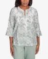Alfred Dunner Plus Size Santa Fe Embroidered Geometric Flare Sleeve Top In Aloe