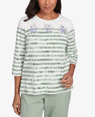 Alfred Dunner Women's Santa Fe Tie Dye Stripe Embroidered Crew Neck Top In Green