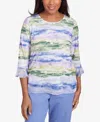Alfred Dunner Plus Size Santa Fe Watercolor Biadere Striped Crew Neck Top In Iris Multi