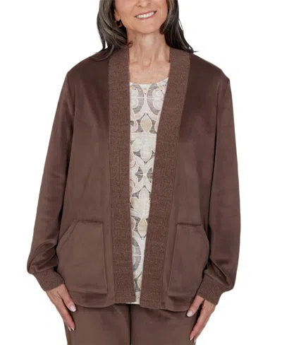 Alfred Dunner Women's Shawl-collar Open-front Long-sleeve Faux Suede Cardigan Sweater In Brown