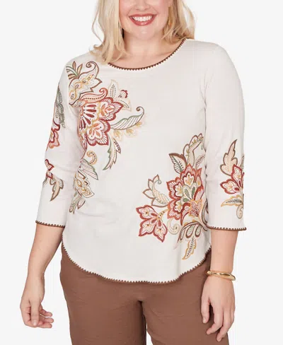 Alfred Dunner Women's Spice Market Asymmetrical Scroll Floral Round Hem Top In Multi