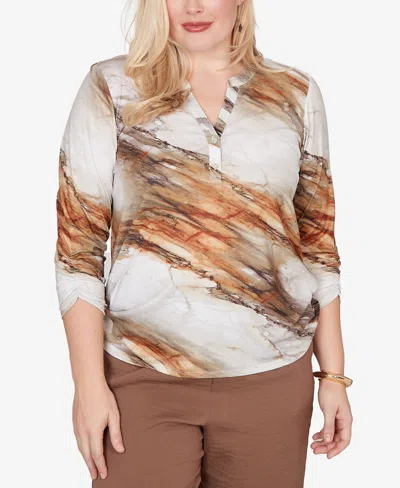 Alfred Dunner Women's Spice Market Marble Print Split Neck Top In Multi