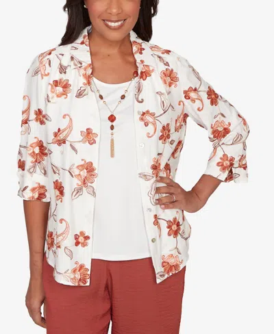 Alfred Dunner Women's Spice Market Paisley Floral Collared Two In One Top With Necklace In Multi