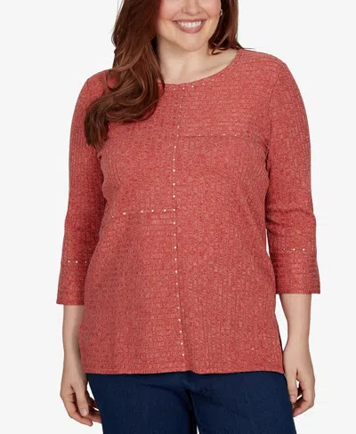 Alfred Dunner Plus Size Spliced Texture Metallic Studded Top In Brown