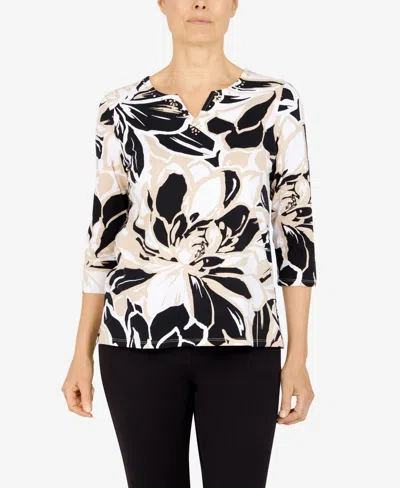 Alfred Dunner Women's Split Neck Plated Floral Top In Black,tan