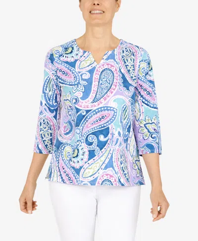 Alfred Dunner Women's Split Neck Playful Paisley Top In Blue