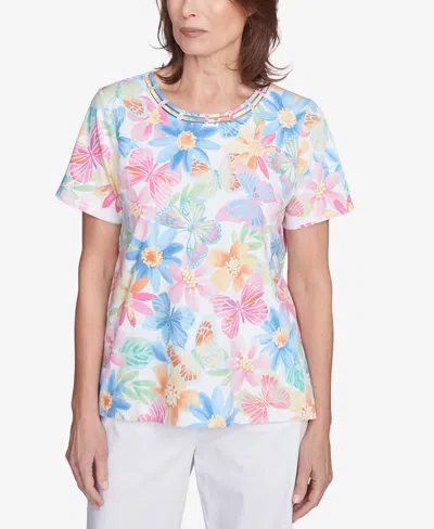 Alfred Dunner Women's Floral Leaf Side Tie Short Sleeve Tee In Multi