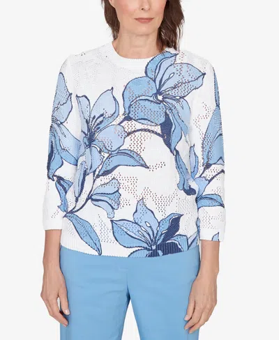 Alfred Dunner St Augustine Womens Crew Neck 3/4 Sleeve Floral Pullover Sweater In Multi