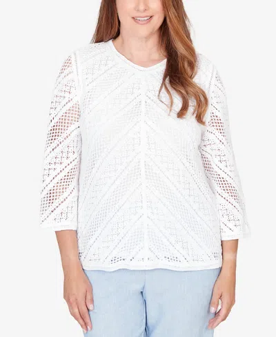 Alfred Dunner Women's St. Augustine Chevron Crochet Crewneck Top In White