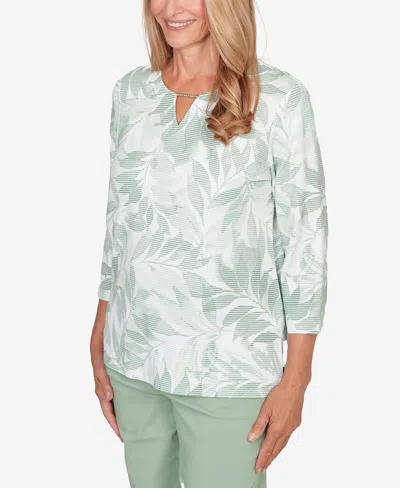 Alfred Dunner Women's St. Augustine Monotone Leaf Print Split Neck Top In Green
