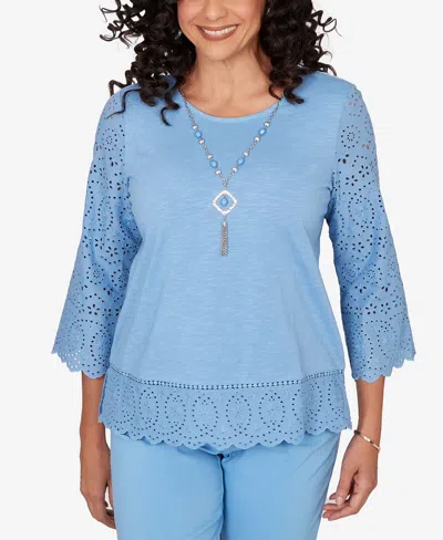 Alfred Dunner Women's St. Augustine Solid Eyelet Trim Crewneck Top With Necklace In Blue