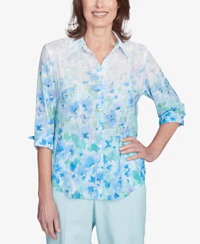 Alfred Dunner Women's St. Thomas Border Floral Collared Neck Top In Sky Blue Multi