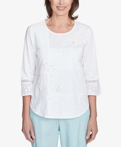 Alfred Dunner Women's St. Thomas Lace Patchwork Embellished Sleeve Crew Neck Top In White