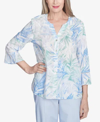 ALFRED DUNNER WOMEN'S ST. THOMAS TROPICAL EMBROIDERED BUTTON FRONT COLLARED NECK TOP