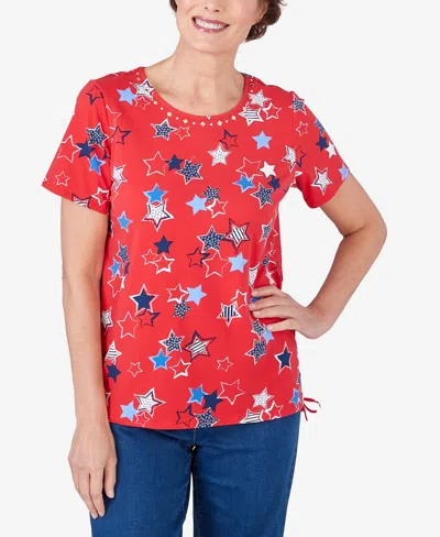 Alfred Dunner Women's Stars Side Tie Short Sleeve Tee In Red