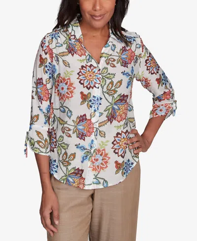 ALFRED DUNNER WOMEN'S SUMMER SOLSTICE BATIK FLORAL BUTTON FRONT TOP