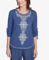 Alfred Dunner Plus Size Summer Solstice Embroidery Centered Tie Sleeve Top In Blueberry