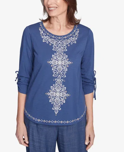 ALFRED DUNNER WOMEN'S SUMMER SOLSTICE EMBROIDERY CENTERED TIE SLEEVE TOP