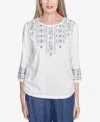 Alfred Dunner Plus Size Summer Solstice Linear Embroidered Tie Sleeve Top In Linen
