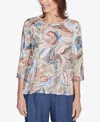 Alfred Dunner Petite Twisted Crew Neck Paisley Top In Neutral