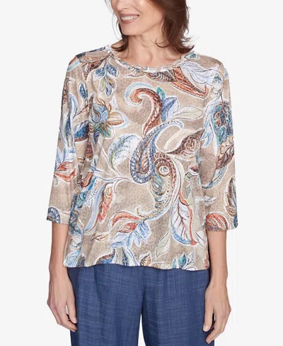 Alfred Dunner Petite Twisted Crew Neck Paisley Top In Neutral