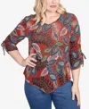 Alfred Dunner Women's Sunset Canyon Batik Leaves Melange Asymmetrical Top In Multi