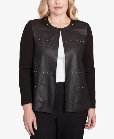 Alfred Dunner Women's Sweater Trim Faux Leather Jacket In Black