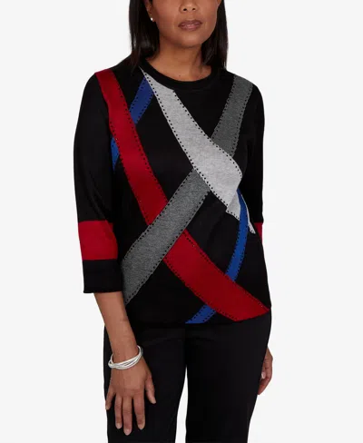Alfred Dunner Women's Sweatr 3/4-sleeve Crewneck Sweater In Black Multi