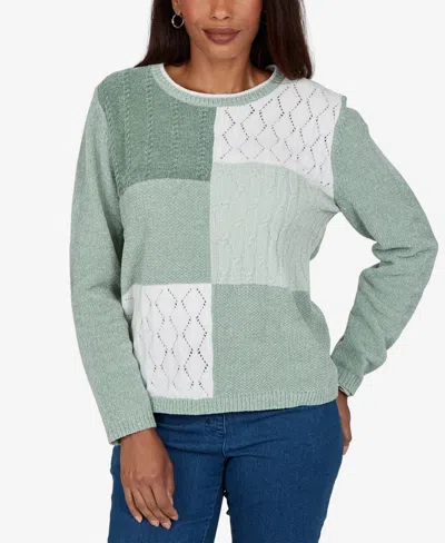 Alfred Dunner Women's Sweatr Cable-knit Colorblock Crewneck Long-sleeve Pullover In Sage