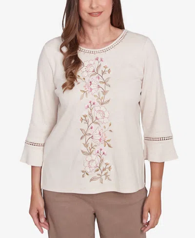 Alfred Dunner Women's Telluride Center Embroidered Floral Top In Oatmeal