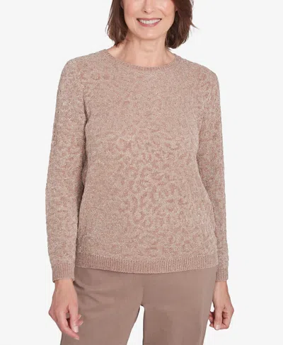 Alfred Dunner Women's Telluride Metallic Cheetah Textured Sweater In Fawn