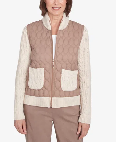 Alfred Dunner Women's Telluride Sweater Trim Quilted Jacket In Fawn