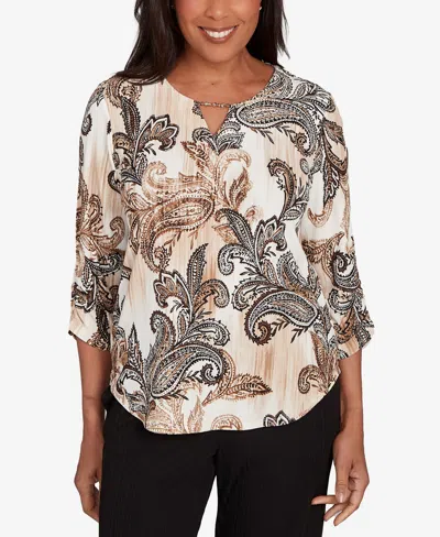 Alfred Dunner Women's Textured Paisley Ruched Sleeves Top In Brown