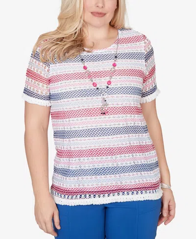 Alfred Dunner Women's The Royal Treatment Biadere Fringe Textured T-shirt With Necklace In Multi