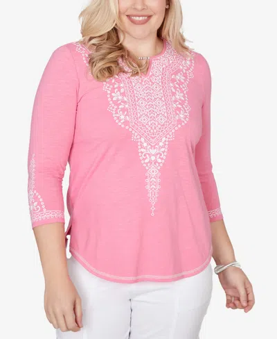 Alfred Dunner Plus Size The Royal Treatment Embroidered Split Neck Three Quarter Sleeve Top In Pink