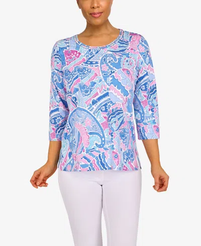 Alfred Dunner Women's Three Quarter Length Sleeves Paisley Fish Top In Multi