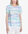 Alfred Dunner Women's Tied Short Sleeve Watercolor Top In Blue