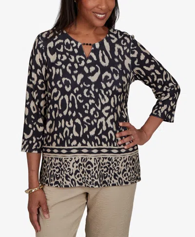 Alfred Dunner Women's Travel Advisory Animal Print Split Neck Knit Top In Black