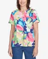 Alfred Dunner Women's Tropical Leaf Split Beaded Neck Top In Bright